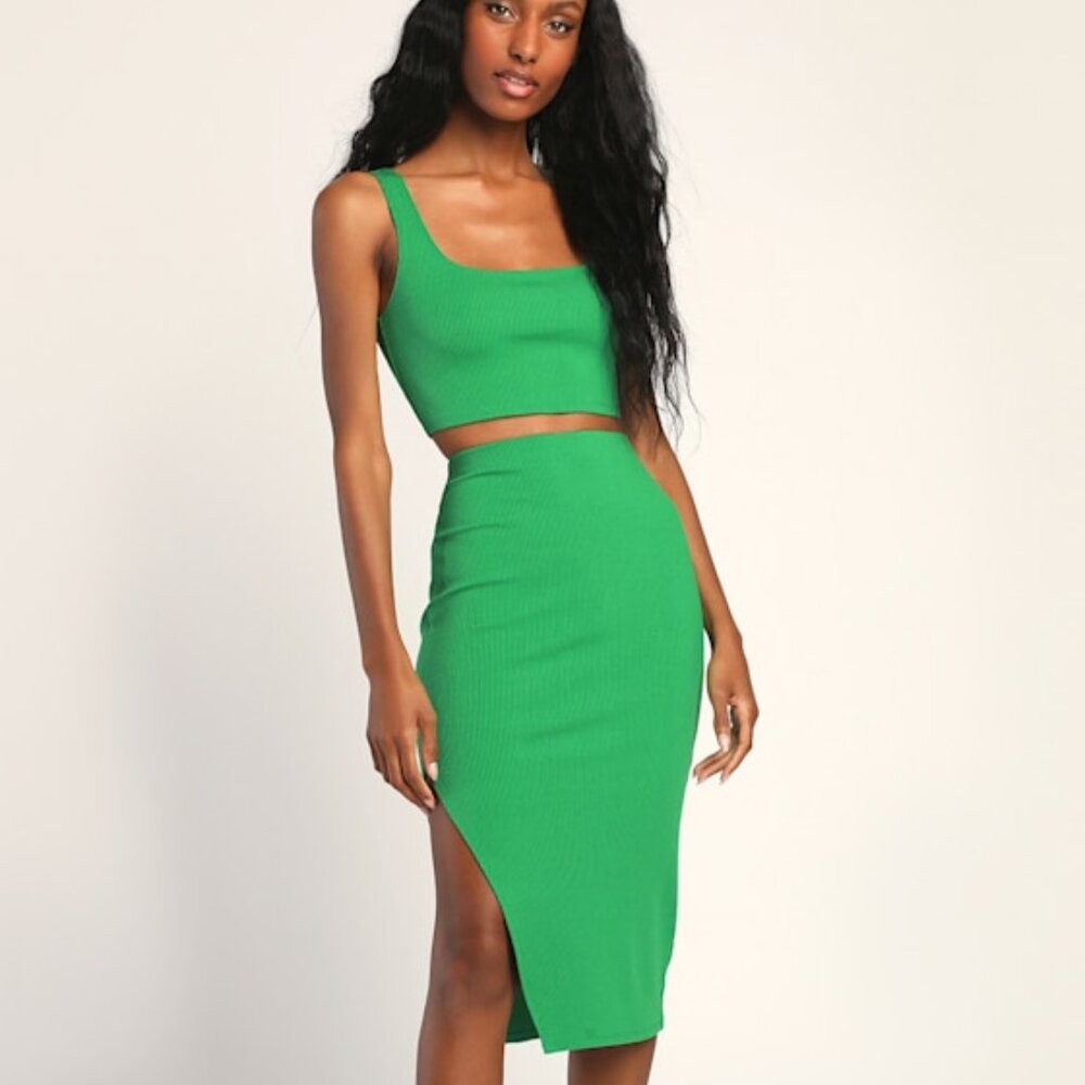 Lulus Set For Life Green Ribbed Bodycon Two-piece Dress - Size M